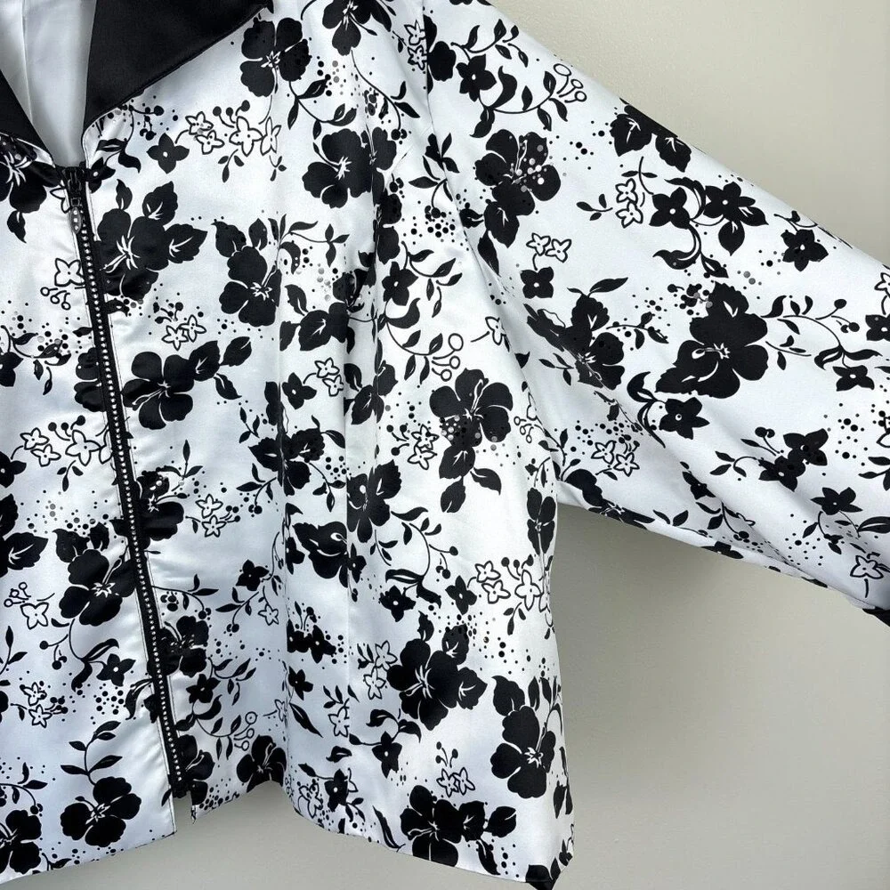 R&M Richards Woman Jacket 34W Black White Floral Zip-Up Sequins Special Occasion